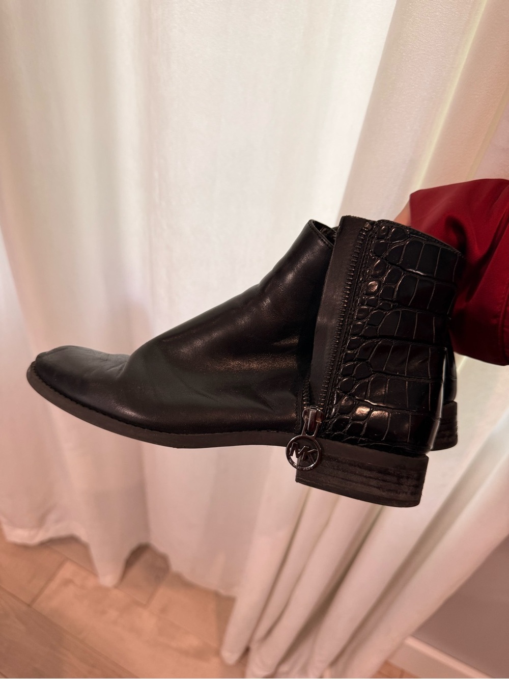 Michael Kors Black Leather Ankle Booties with Croc-Embossed Heel